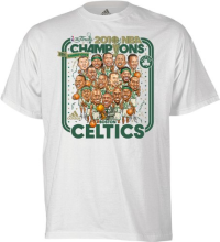 The Celtics and Lakers played a 7-game NBA Finals, and the Celtics prepared a championship t-shirt in advance.  Gaffney is seen in the upper-left.