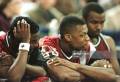 22 Mar 1996: Members of the Arkansas bench watch as the final seconds of the
second half tick away of the NCAA East Regional Men''s Basketball game played at...